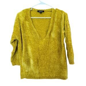 Express Women's Gold Mustard Chenille V-Neck 3/4 Sleeve Knit Pullover Sweater SP